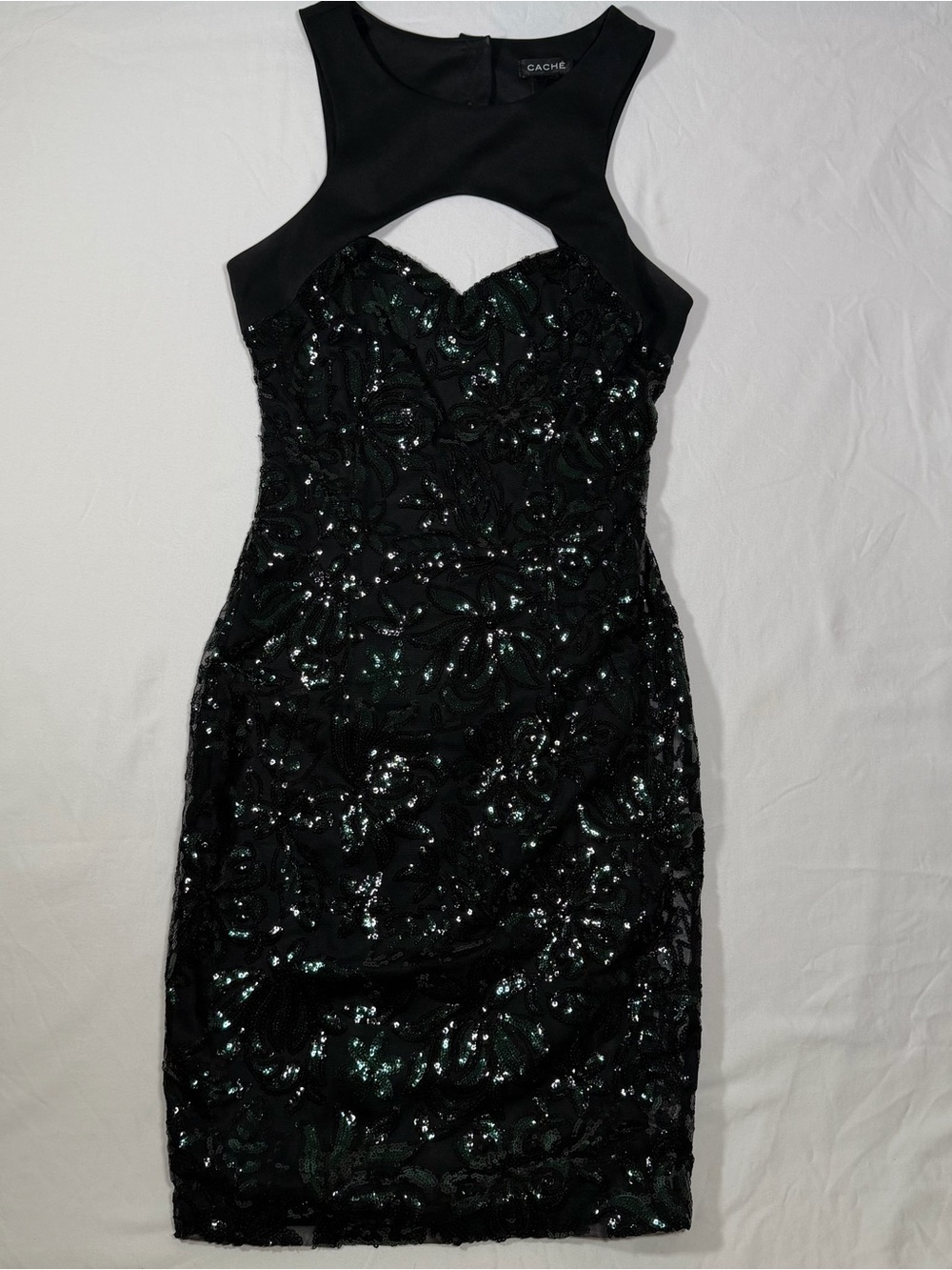 Cache Black and Green Open Back Sequin Sheath Dress